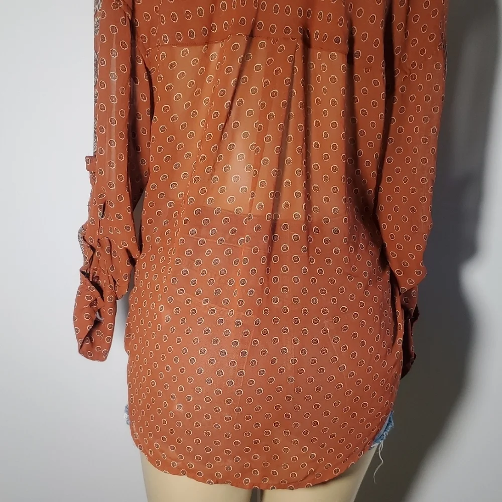 Free People Easy Rider Sheer Blouse Size M Burnt Orange Pockets